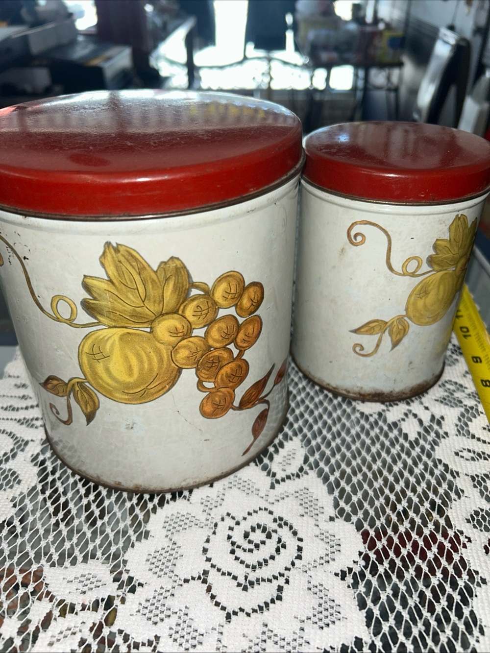 Vintage Floral Metal Canister Set with Red Lids